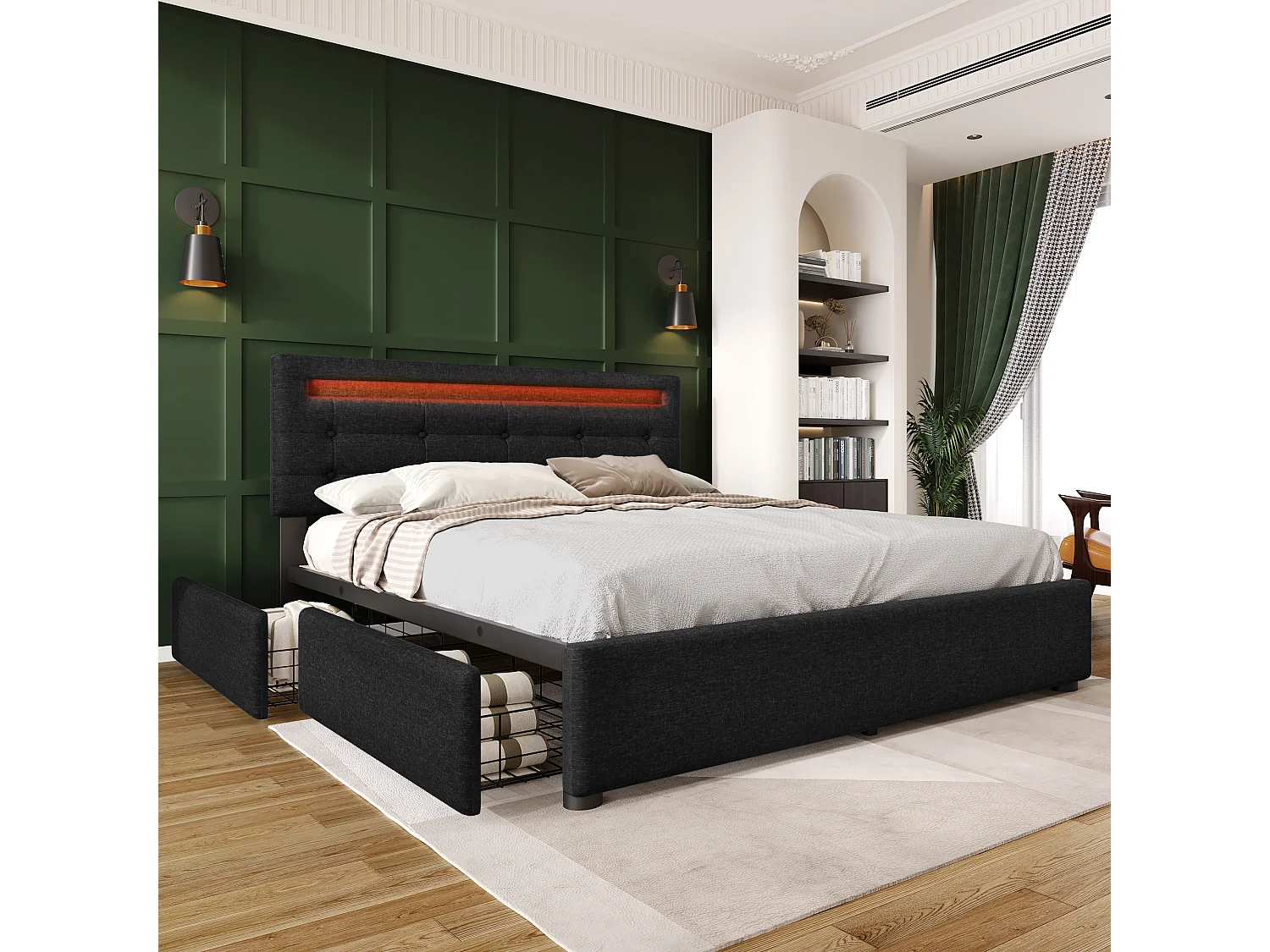 Lit double 140x200 cm avec éclairage LED et 4 tiroirs, tête de lit réglable en hauteur, noir