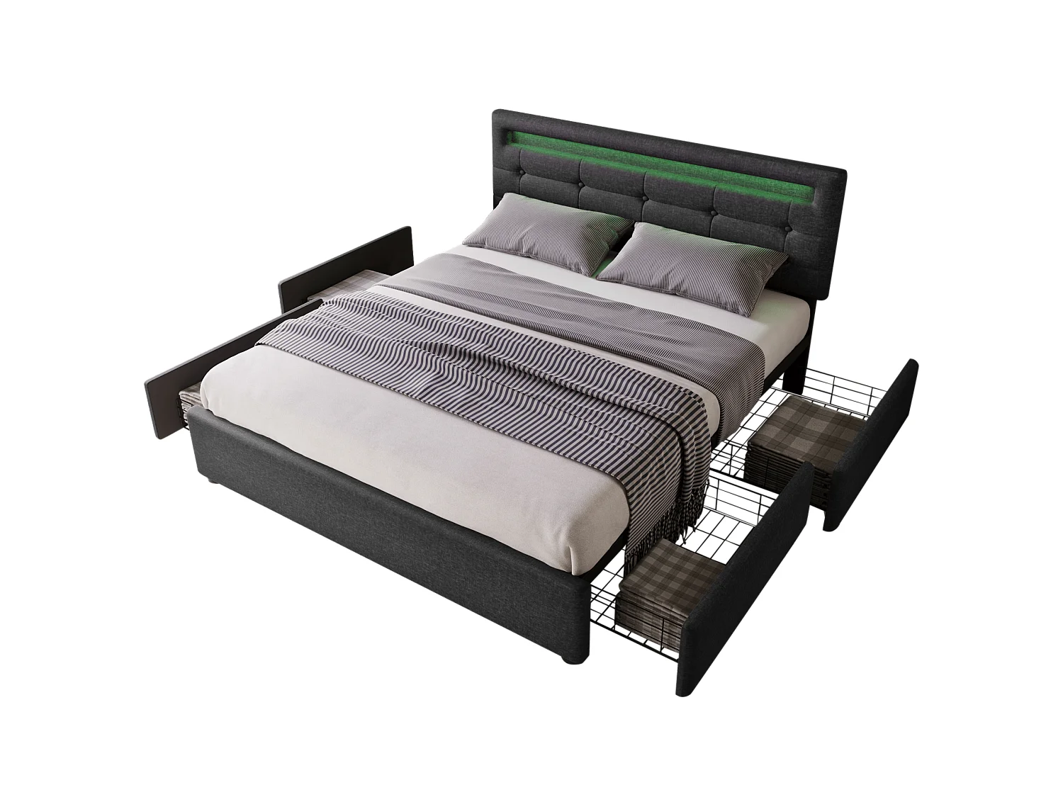 Lit double 140x200 cm avec éclairage LED et 4 tiroirs, tête de lit réglable en hauteur, noir