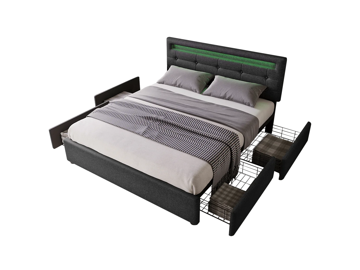 Lit double 140x200 cm avec éclairage LED et 4 tiroirs, tête de lit réglable en hauteur, noir