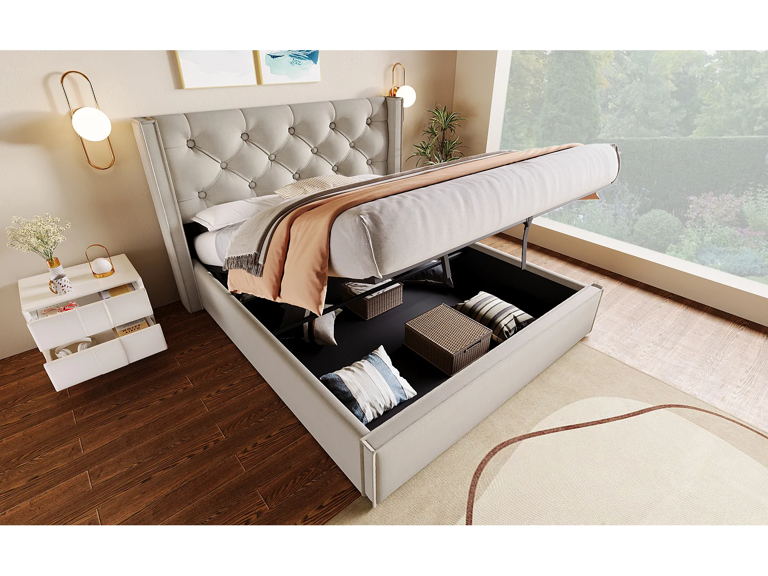 Lit double hydraulique 160x200 cm, avec sommier en métal et rangement, en coton, gris clair, design moderne