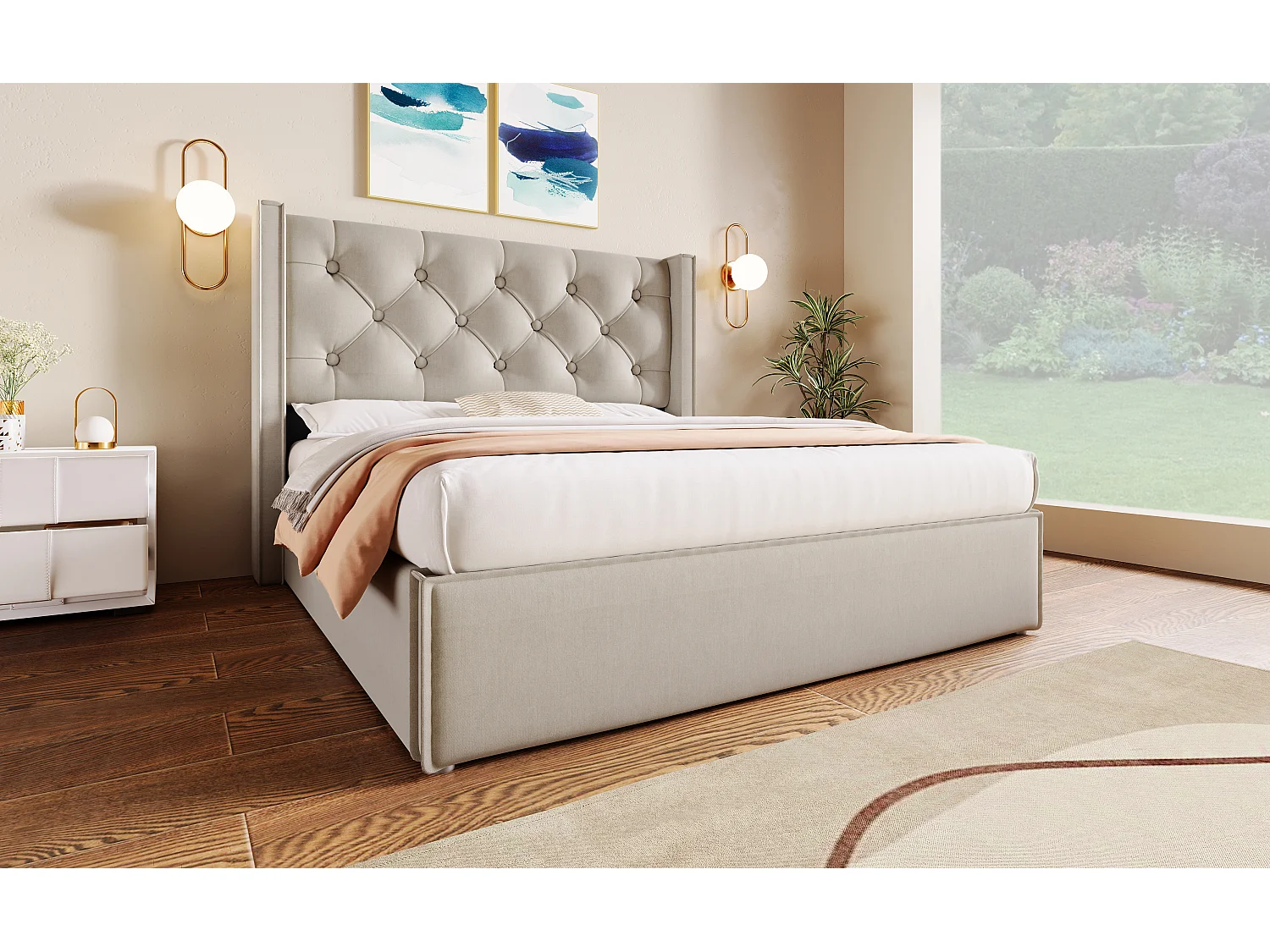 Lit double hydraulique 160x200 cm, avec sommier en métal et rangement, en coton, gris clair, design moderne