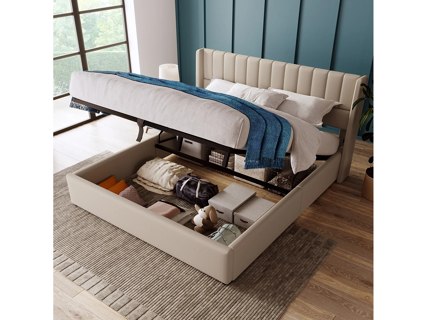 Lit coffre hydraulique 180x200 cm, beige, avec tête de lit rembourrée et rangement spacieux