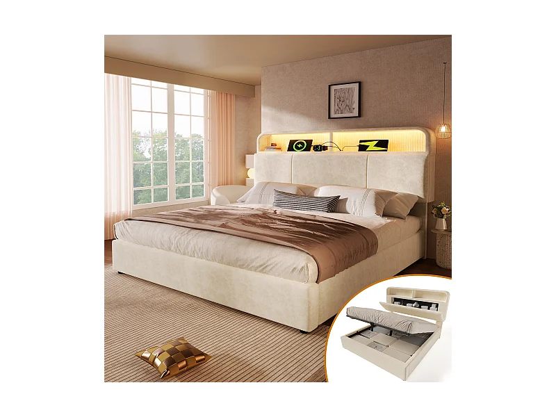 Hydraulisches Bett mit Stauraum – 160 x 200 cm – verstellbares Kopfteil mit Stauraum – mit LEDs + USB/Typ-C – Samt – Beige
