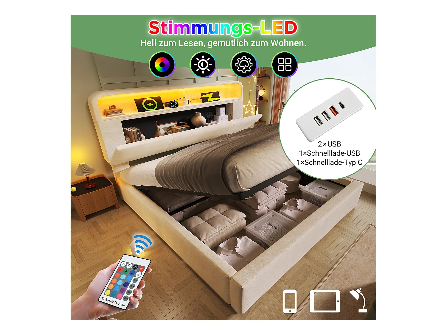 Lit coffre hydraulique - 160 x 200 cm - tête de lit réglable avec rangement - avec Leds + USB/Type-C - velours - beige