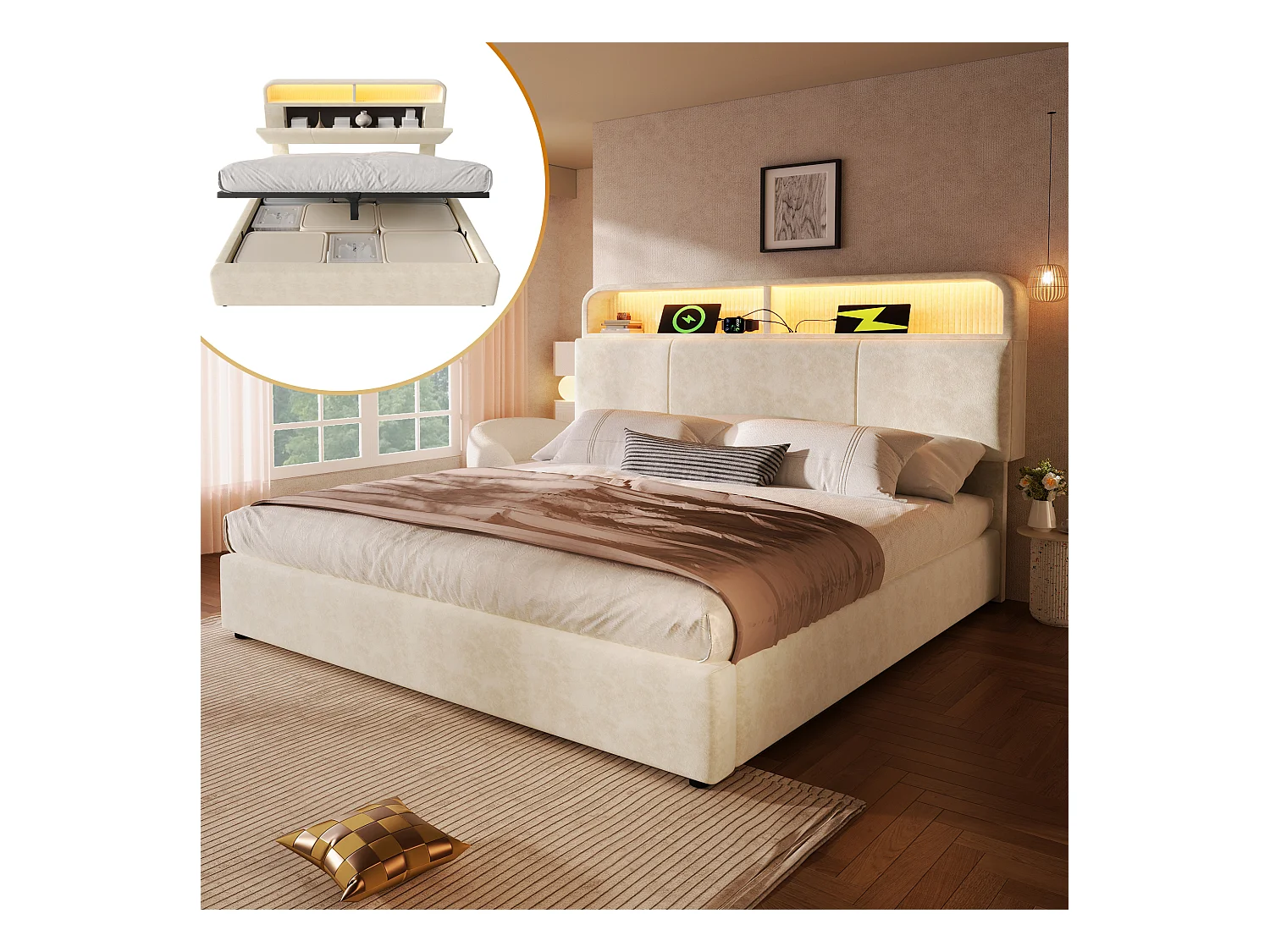 Lit coffre hydraulique - 160 x 200 cm - tête de lit réglable avec rangement - avec Leds + USB/Type-C - velours - beige