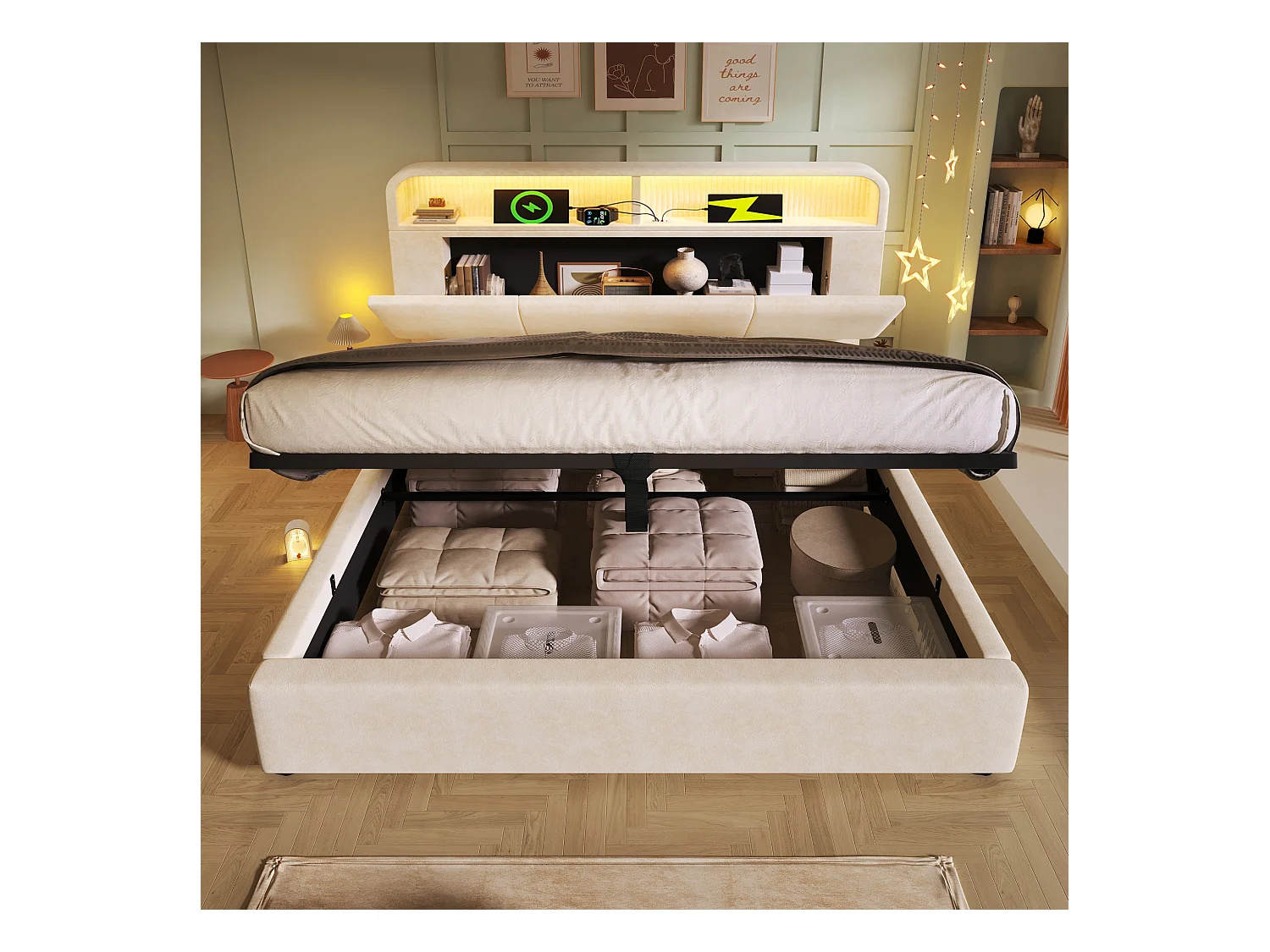 Lit coffre hydraulique - 160 x 200 cm - tête de lit réglable avec rangement - avec Leds + USB/Type-C - velours - beige