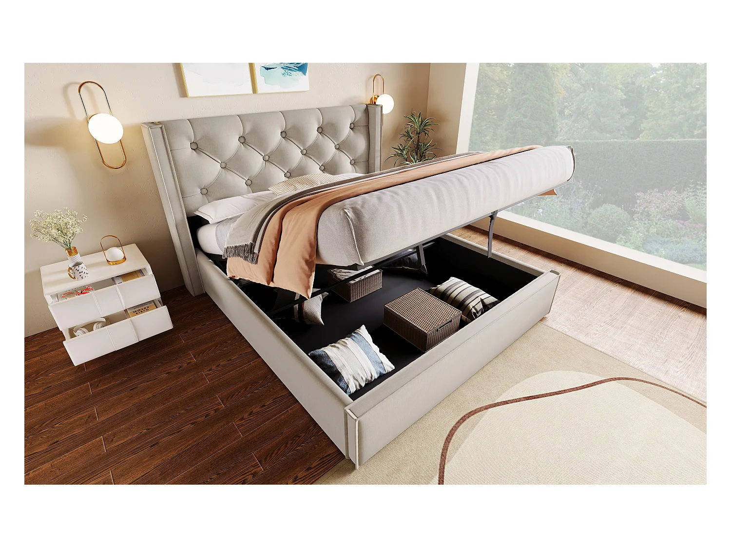 Lit double hydraulique 140x200 cm, avec sommier en métal, design moderne et espace de rangement, coton, gris clair