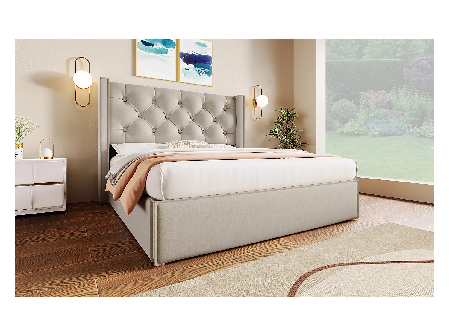 Lit double hydraulique 140x200 cm, avec sommier en métal, design moderne et espace de rangement, coton, gris clair