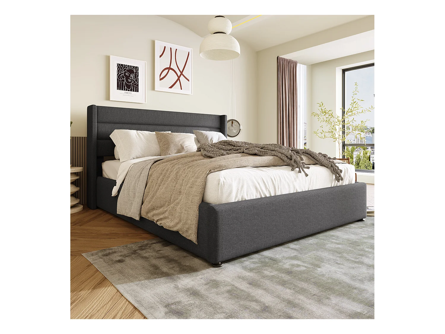 Lit coffre hydraulique 140x200 cm, gris, avec tête de lit rembourrée et rangement spacieux