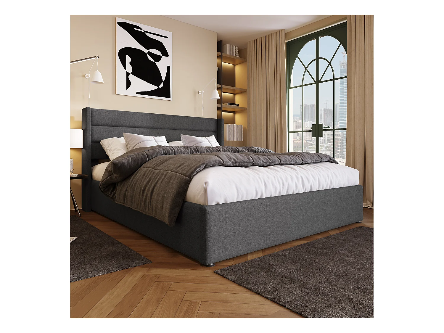 Lit coffre hydraulique 140x200 cm, gris, avec tête de lit rembourrée et rangement spacieux