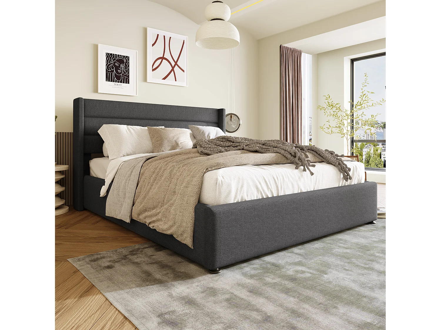 Lit coffre hydraulique 140x200 cm, gris, avec tête de lit rembourrée et rangement spacieux