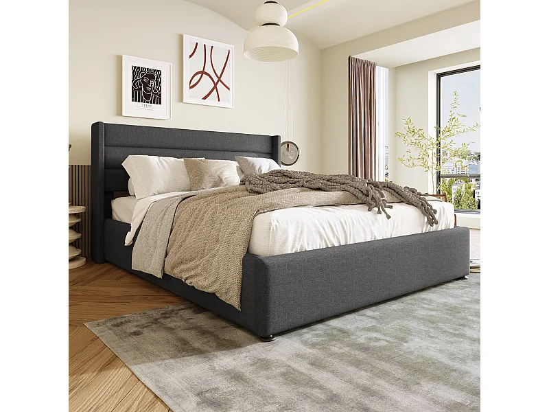 Lit coffre hydraulique 140x200 cm, gris, avec tête de lit rembourrée et rangement spacieux