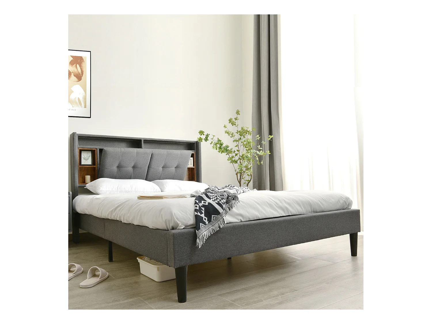 Lit double avec tête de lit de rangement, USB et éclairage LED, 140×200 cm, gris, en bois massif