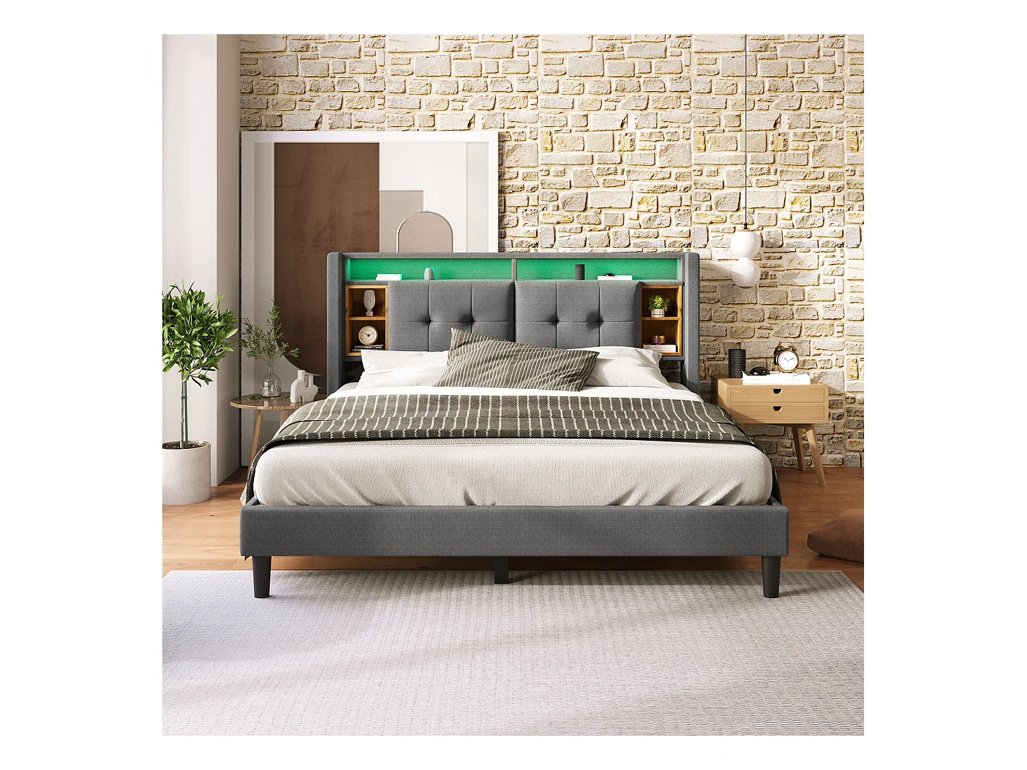 Lit double avec tête de lit de rangement, USB et éclairage LED, 140×200 cm, gris, en bois massif