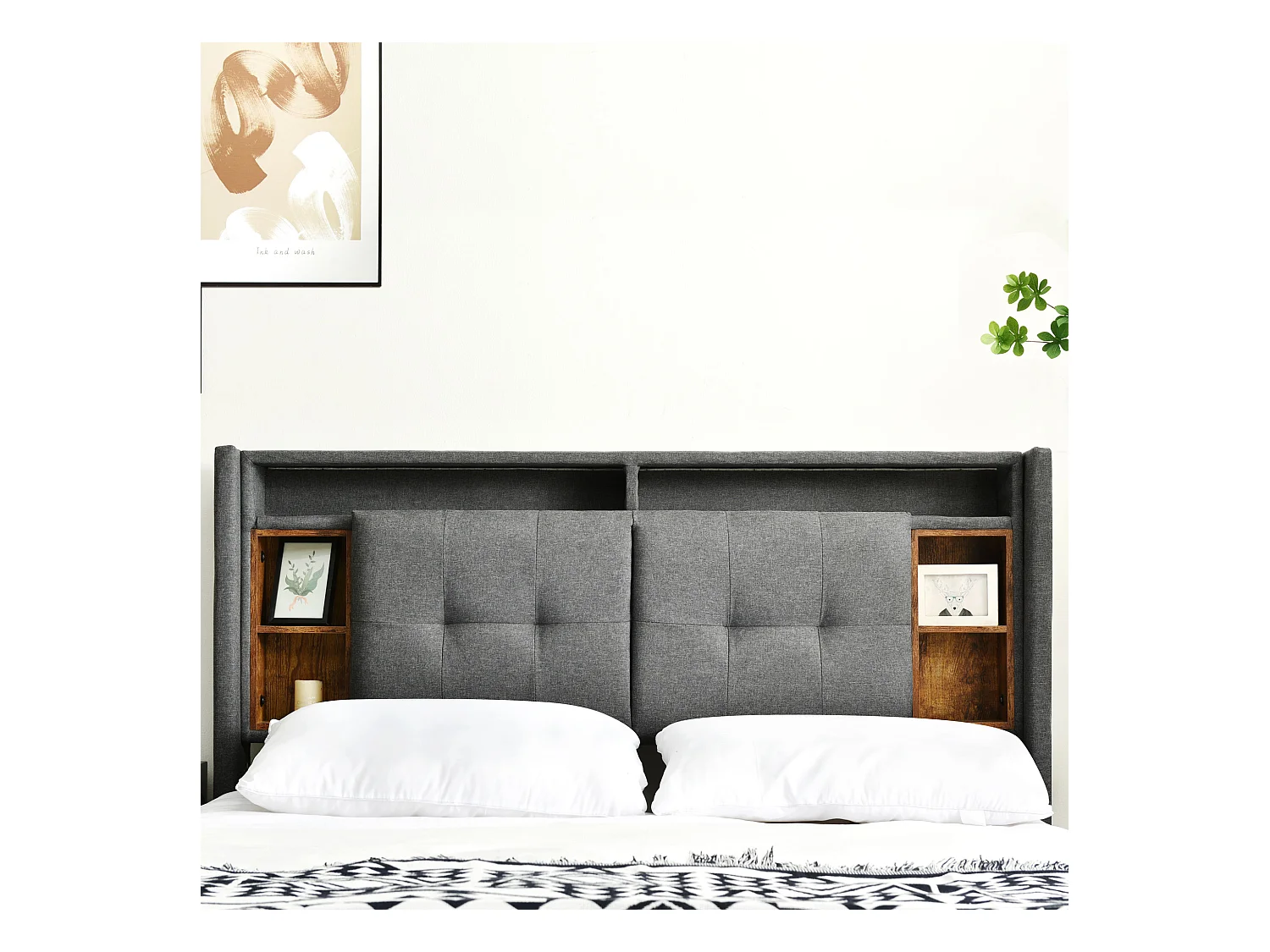 Lit double avec tête de lit de rangement, USB et éclairage LED, 140×200 cm, gris, en bois massif