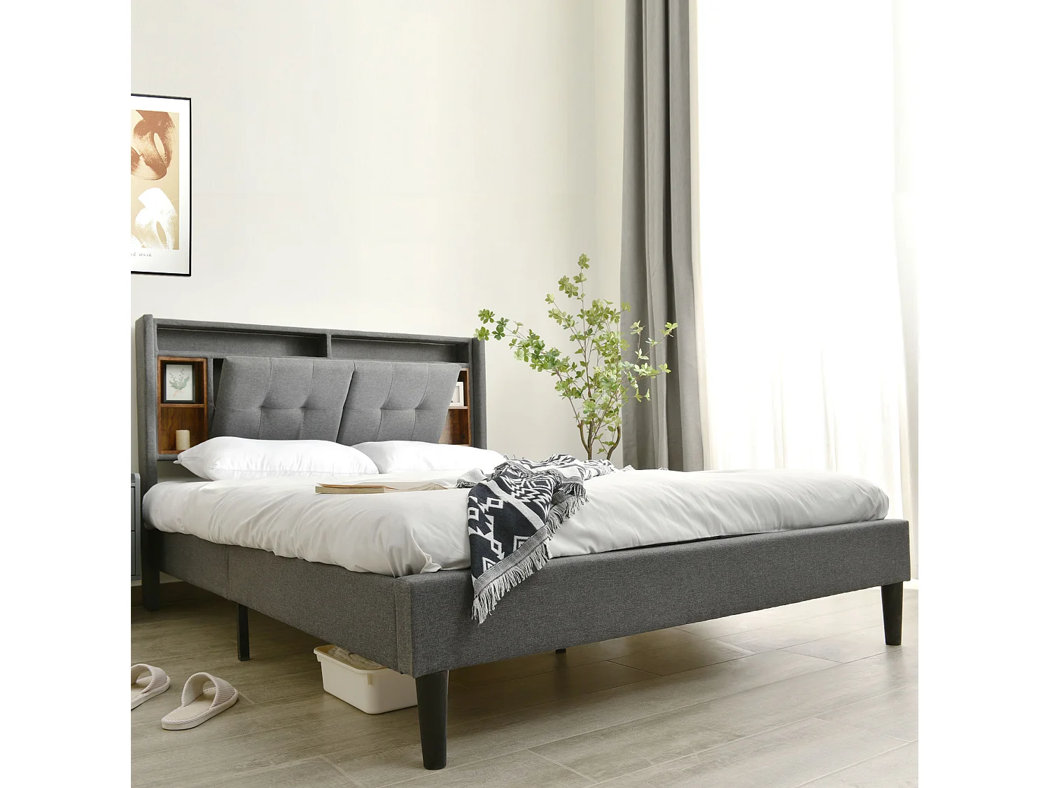 Lit double avec tête de lit de rangement, USB et éclairage LED, 140×200 cm, gris, en bois massif