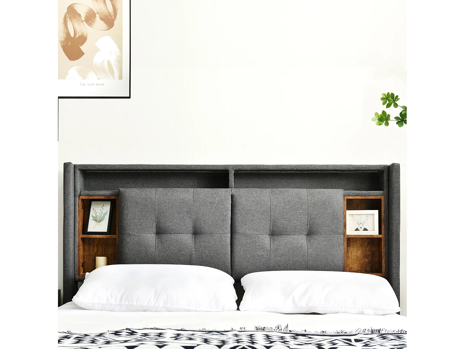 Lit double avec tête de lit de rangement, USB et éclairage LED, 140×200 cm, gris, en bois massif