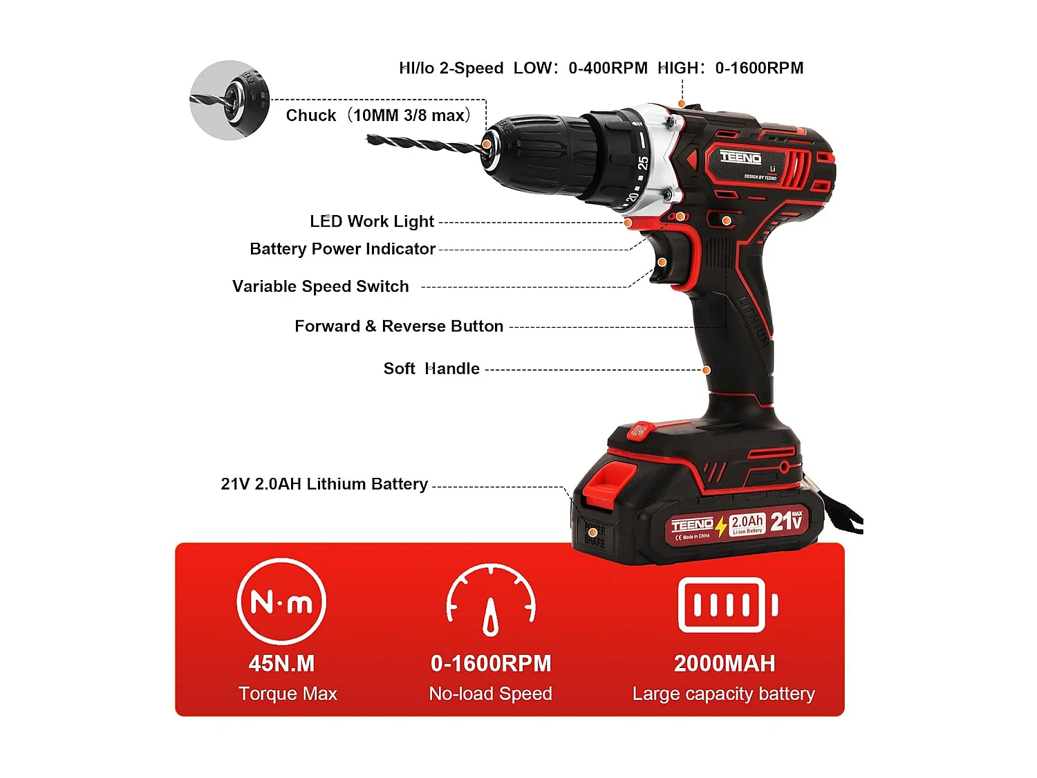 Perceuse sans fil 21 V, avec ensemble d'accessoires 104 pièces, éclairage LED, 2 batteries lithium-ion 2 Ah