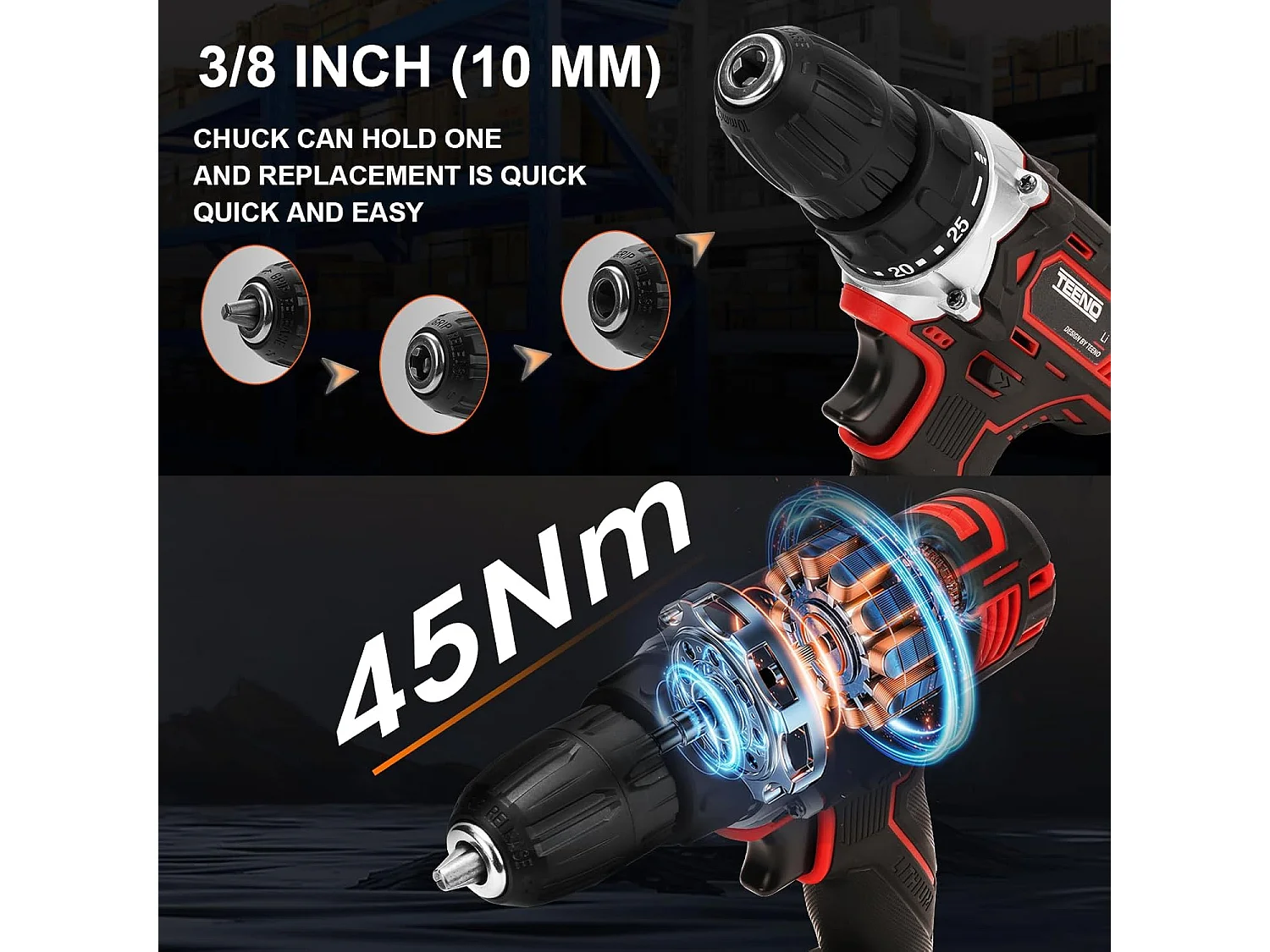 Perceuse sans fil 21 V, avec ensemble d'accessoires 104 pièces, éclairage LED, 2 batteries lithium-ion 2 Ah