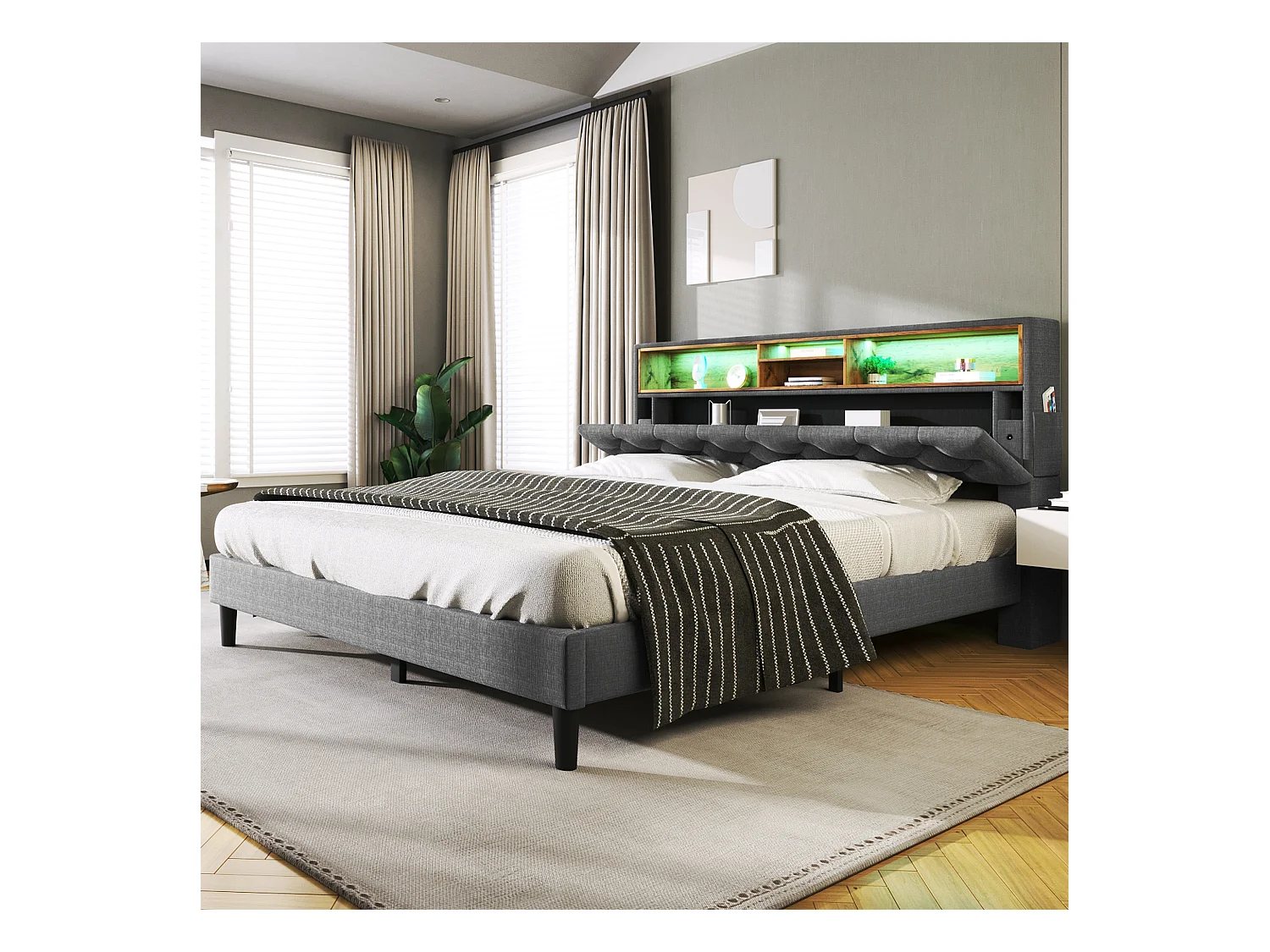 Lit double avec rangement et tête de lit LED, 140×200 cm, gris, en bois massif et métal