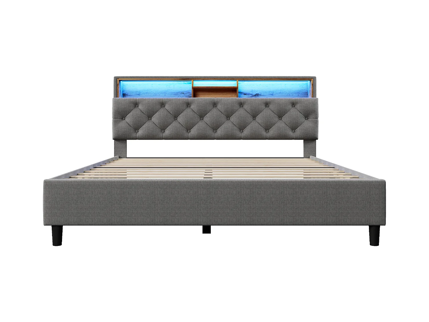 Lit double avec rangement et tête de lit LED, 140×200 cm, gris, en bois massif et métal