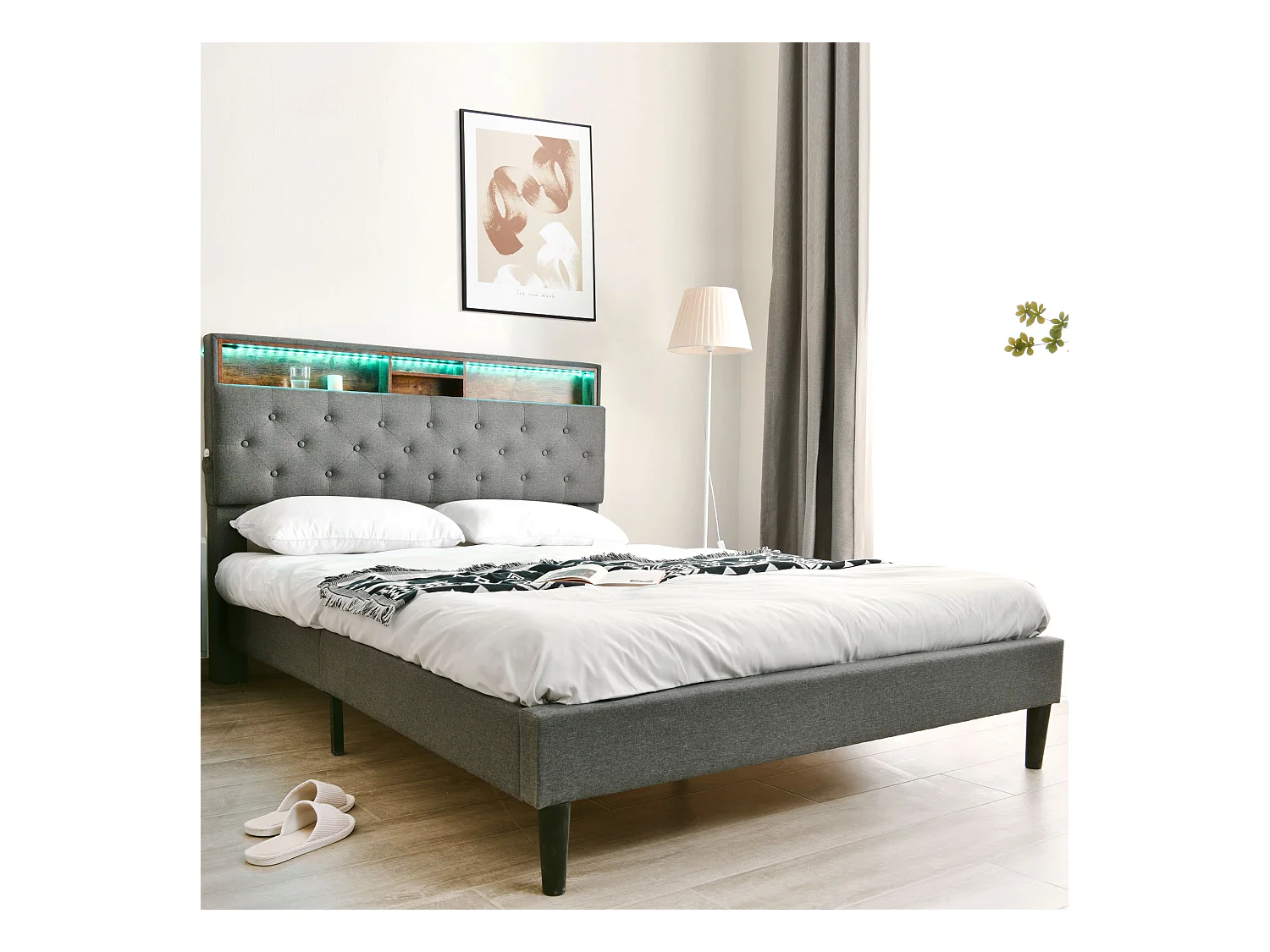Lit double avec rangement et tête de lit LED, 140×200 cm, gris, en bois massif et métal