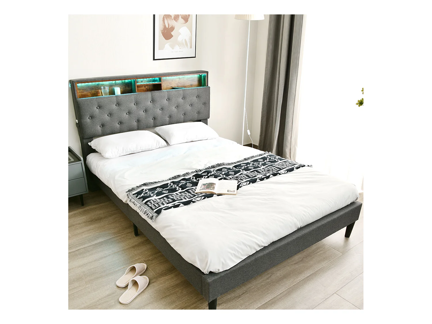 Lit double avec rangement et tête de lit LED, 140×200 cm, gris, en bois massif et métal