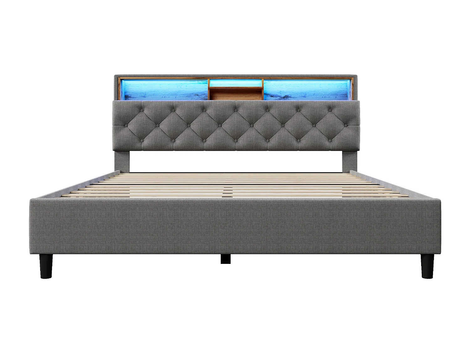 Lit double avec rangement et tête de lit LED, 140×200 cm, gris, en bois massif et métal