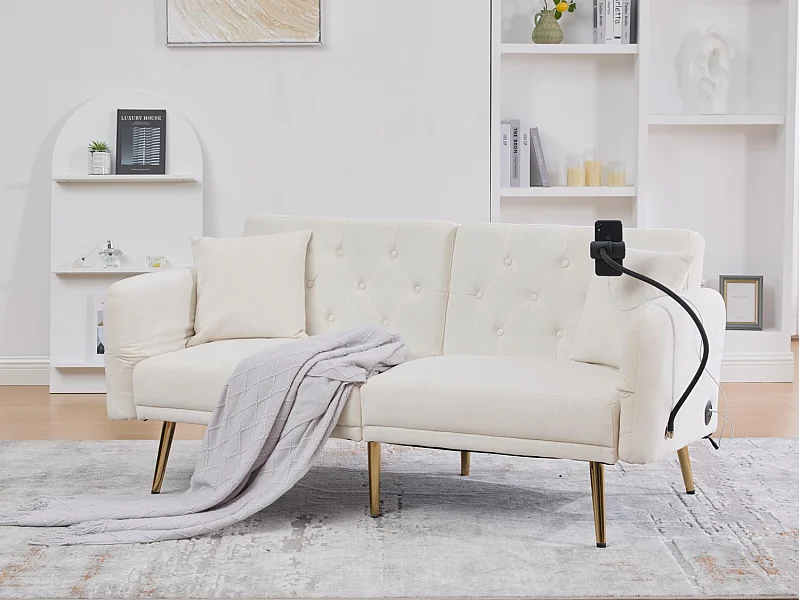 2-zits chenille slaapbank - Ingebouwde USB-poorten - Ingebouwde telefoonhouder - Verstelbare rugleuning - Voor woonkamer, slaapkamer of kantoor