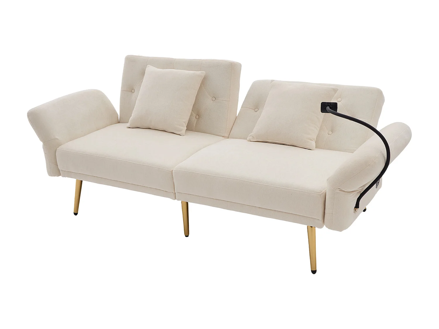 Canapé convertible 2 places en chenille - Ports USB intégré - Support de téléphone intégré - Dossier réglable - Beige - Pratique pour salon, chambre ou bureau