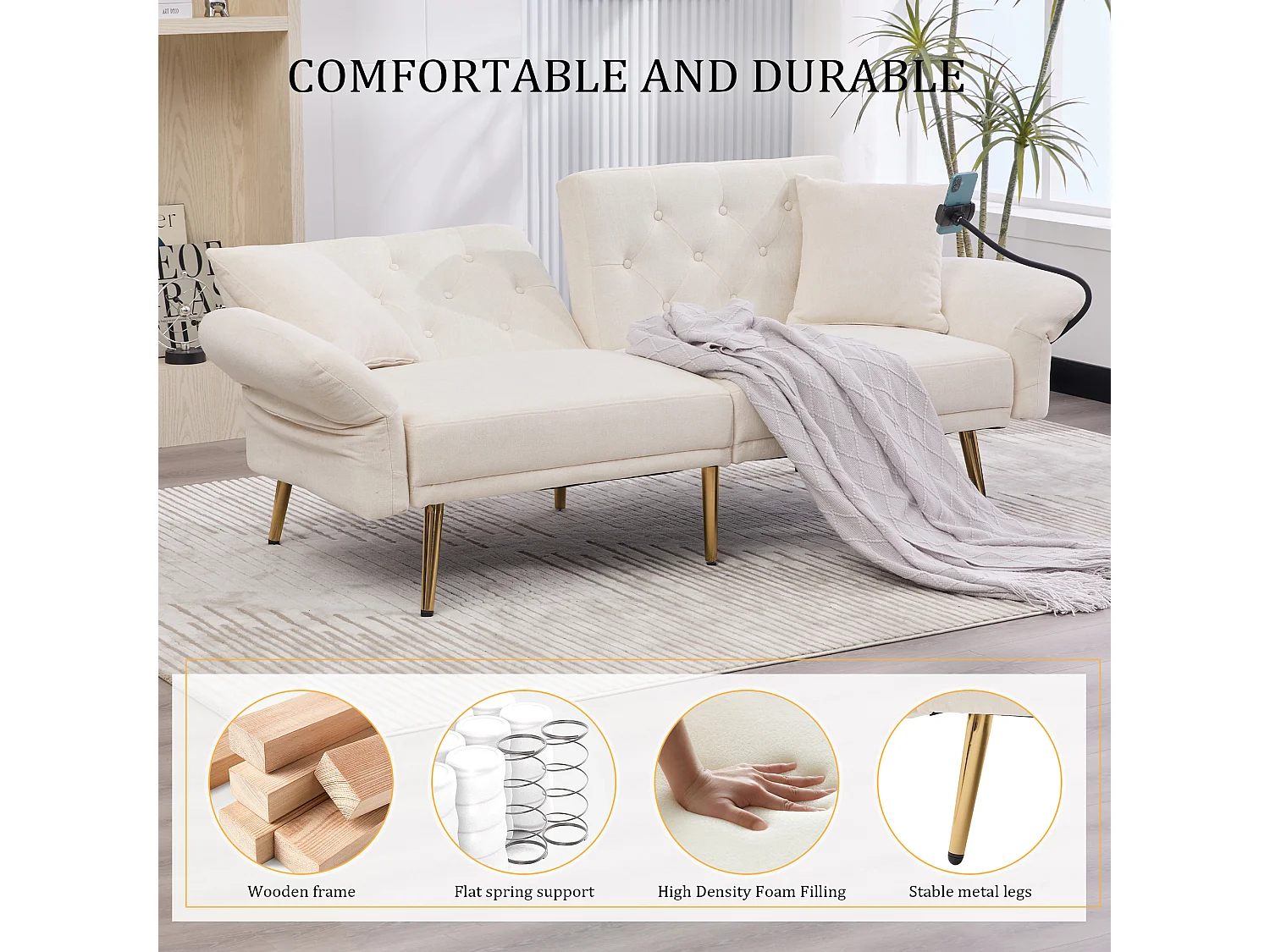 Canapé convertible 2 places en chenille - Ports USB intégré - Support de téléphone intégré - Dossier réglable - Beige - Pratique pour salon, chambre ou bureau