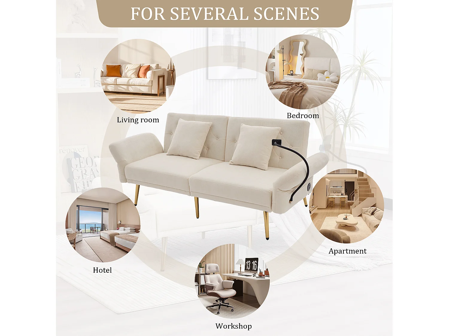 Canapé convertible 2 places en chenille - Ports USB intégré - Support de téléphone intégré - Dossier réglable - Beige - Pratique pour salon, chambre ou bureau