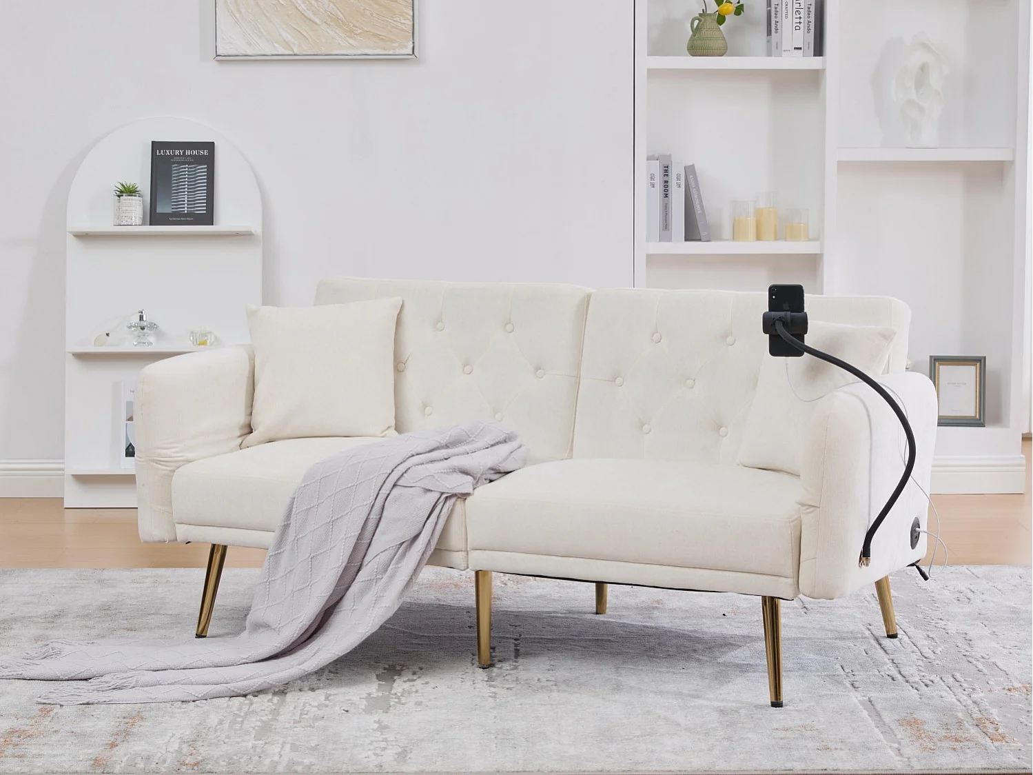 Canapé convertible 2 places en chenille - Ports USB intégré - Support de téléphone intégré - Dossier réglable - Beige - Pratique pour salon, chambre ou bureau