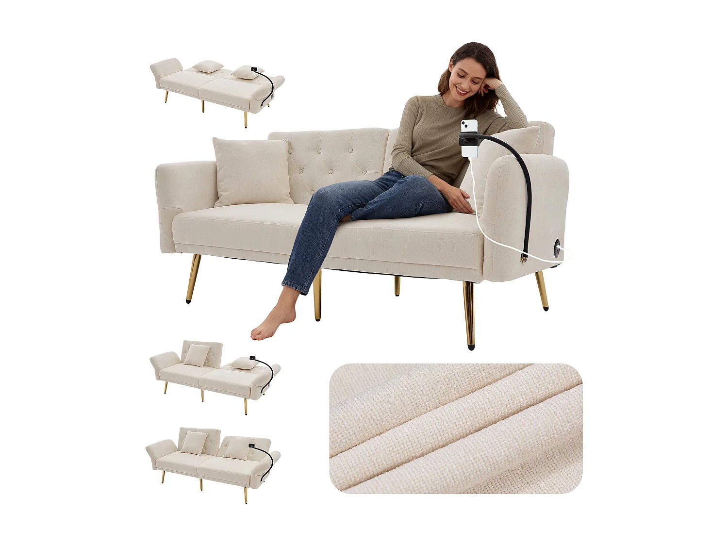 Canapé convertible 2 places en chenille - Ports USB intégré - Support de téléphone intégré - Dossier réglable - Beige - Pratique pour salon, chambre ou bureau