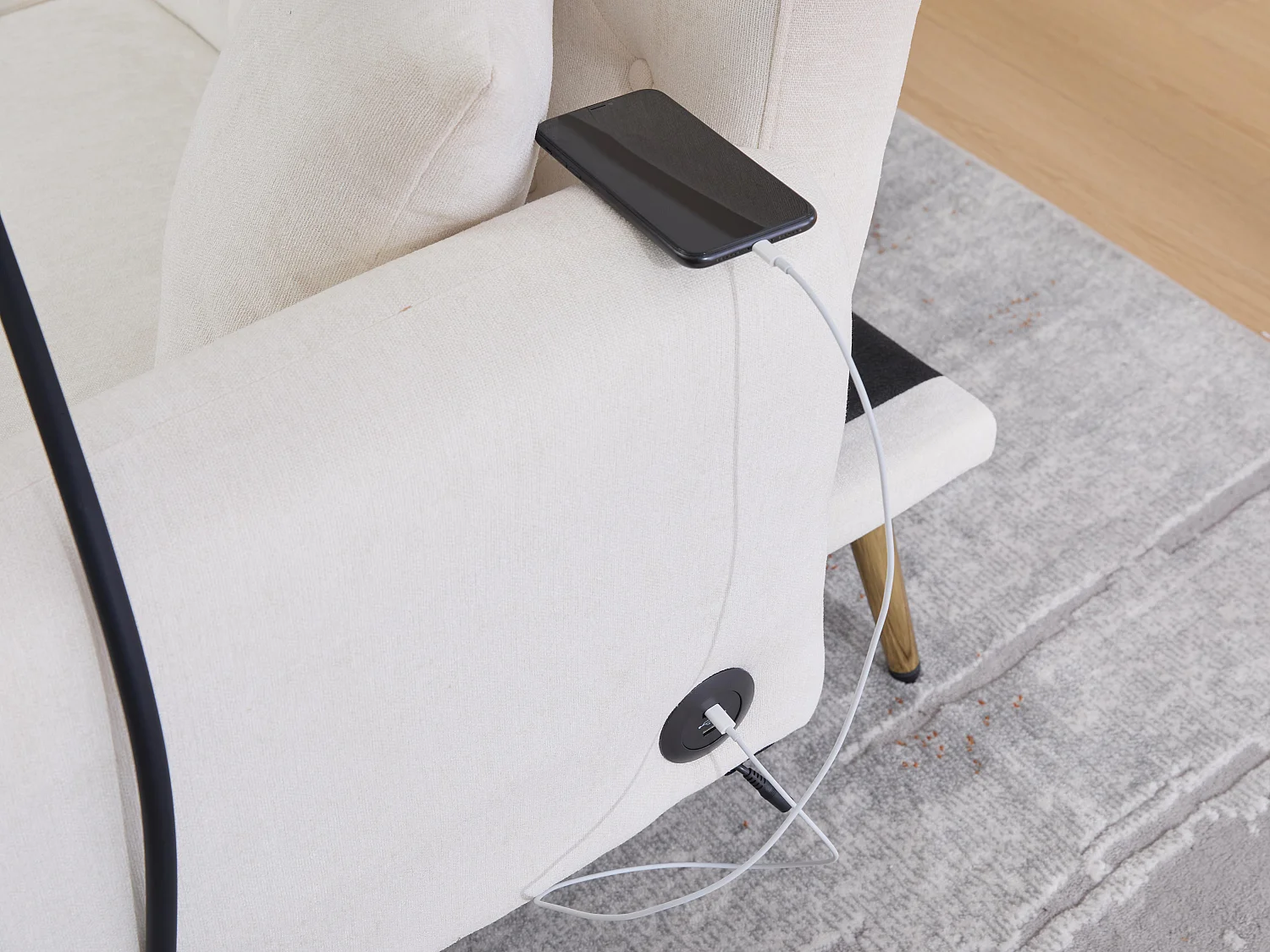 Canapé convertible 2 places en chenille - Ports USB intégré - Support de téléphone intégré - Dossier réglable - Beige - Pratique pour salon, chambre ou bureau