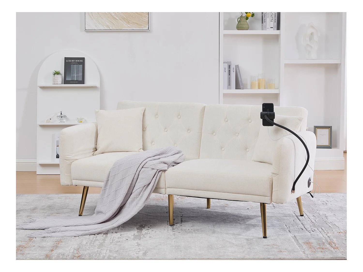 Canapé convertible 2 places en chenille - Ports USB intégré - Support de téléphone intégré - Dossier réglable - Beige - Pratique pour salon, chambre ou bureau
