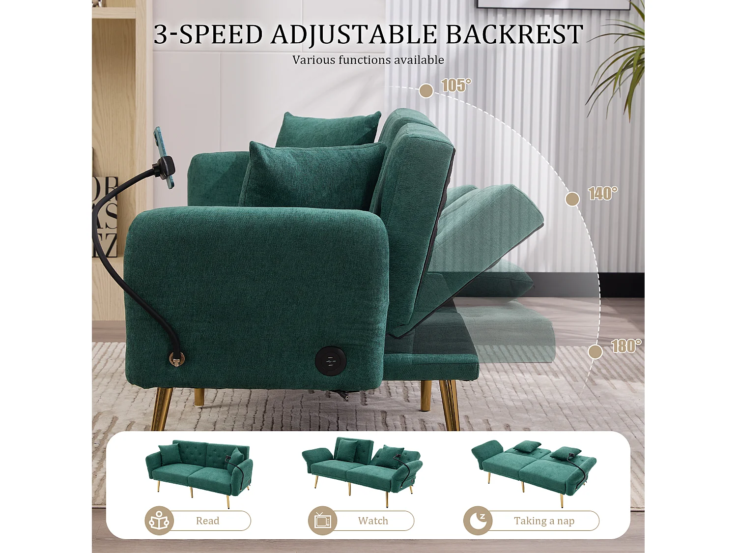 Canapé convertible 2 places en chenille - Ports USB intégré - Support de téléphone intégré - Dossier réglable - Vert - Pratique pour salon, chambre ou bureau