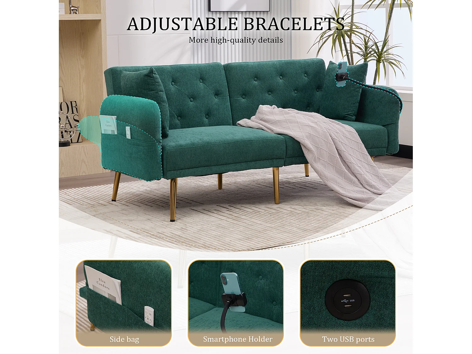 Canapé convertible 2 places en chenille - Ports USB intégré - Support de téléphone intégré - Dossier réglable - Vert - Pratique pour salon, chambre ou bureau