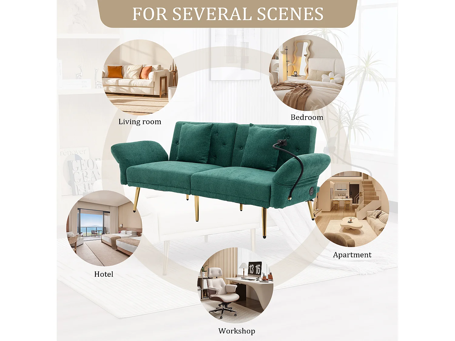 Canapé convertible 2 places en chenille - Ports USB intégré - Support de téléphone intégré - Dossier réglable - Vert - Pratique pour salon, chambre ou bureau