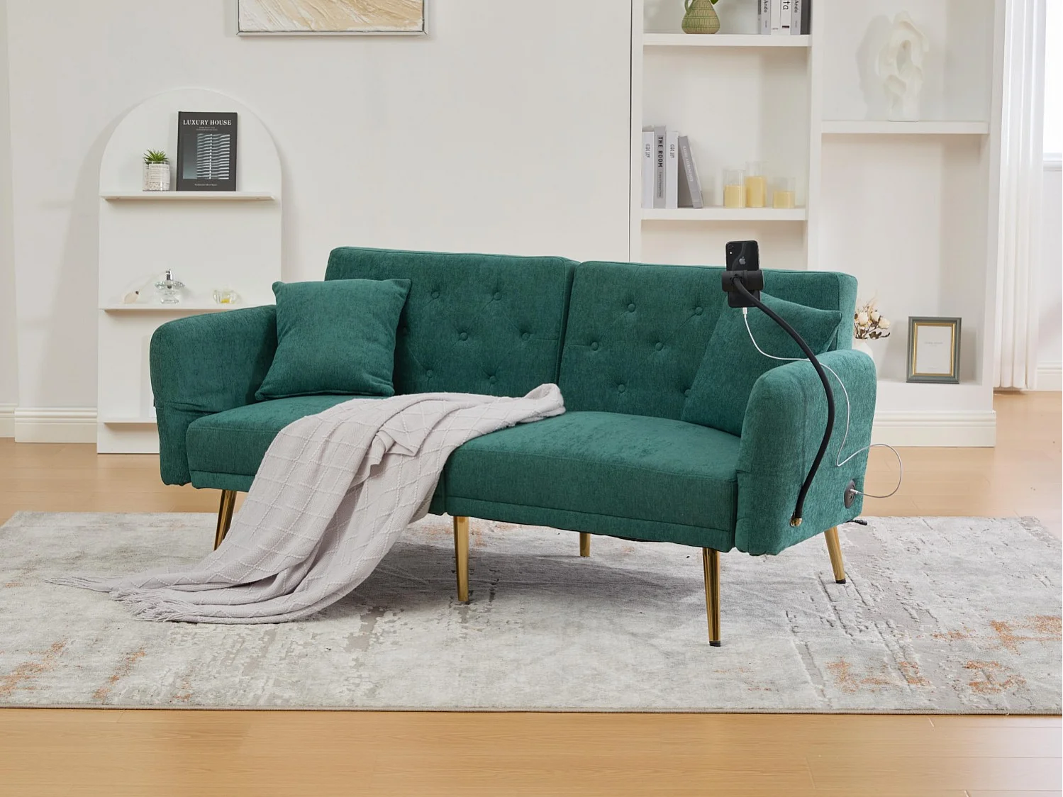 Canapé convertible 2 places en chenille - Ports USB intégré - Support de téléphone intégré - Dossier réglable - Vert - Pratique pour salon, chambre ou bureau