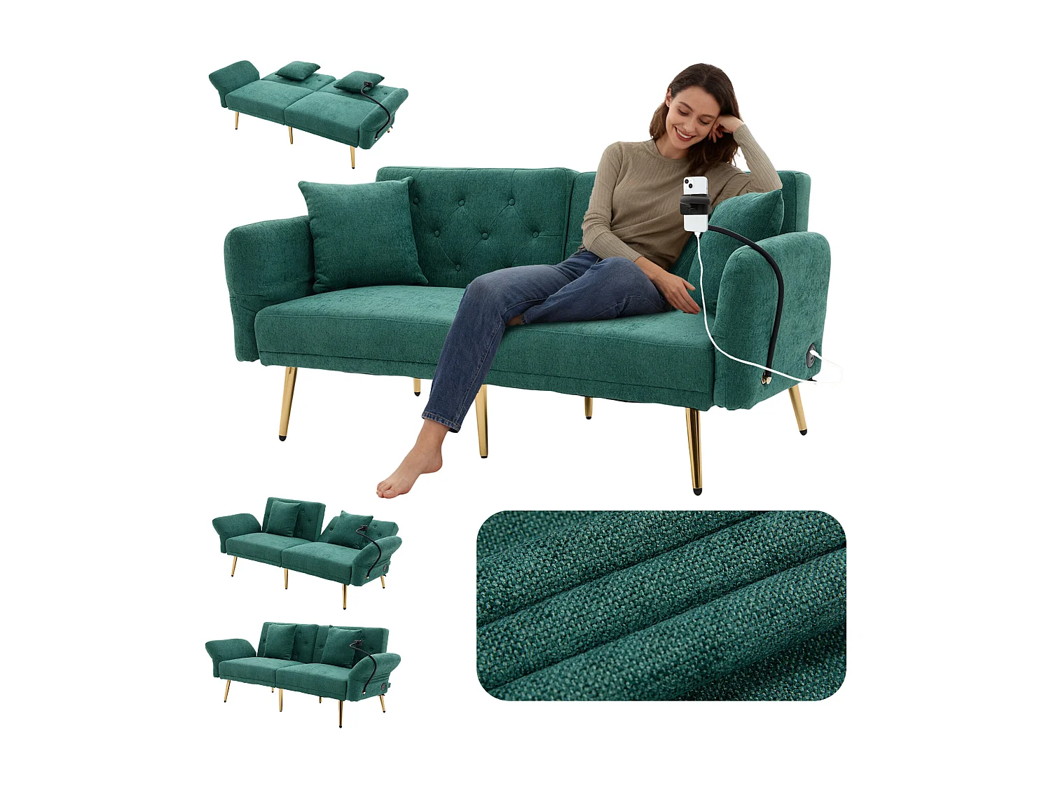 Canapé convertible 2 places en chenille - Ports USB intégré - Support de téléphone intégré - Dossier réglable - Vert - Pratique pour salon, chambre ou bureau