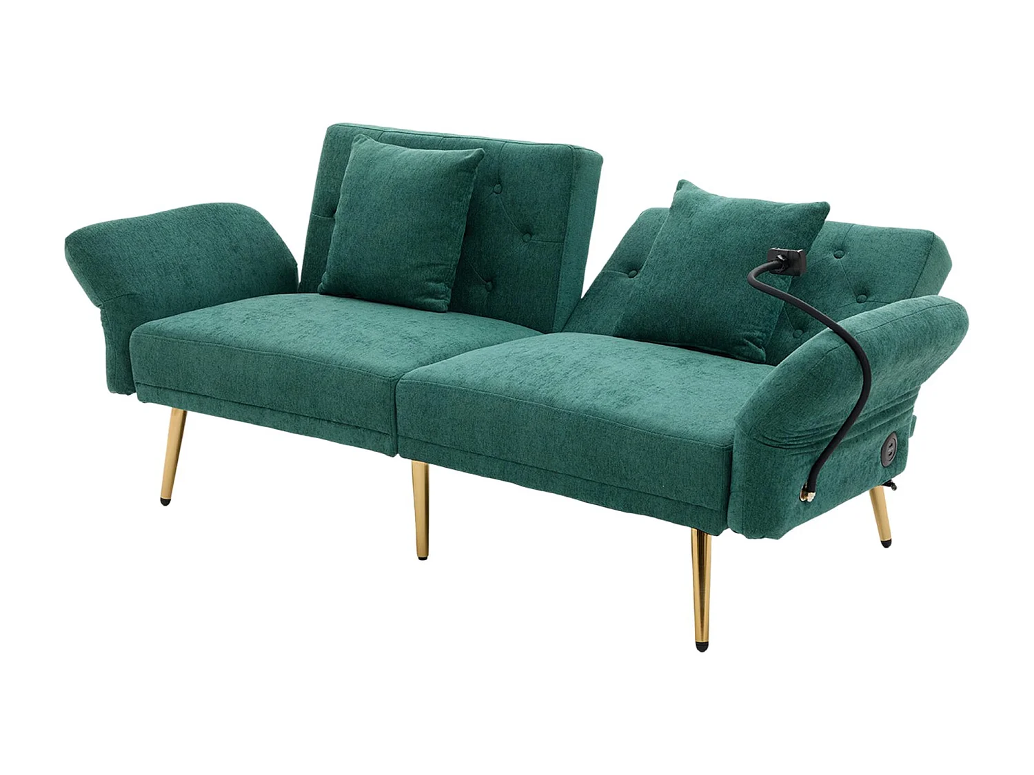 Canapé convertible 2 places en chenille - Ports USB intégré - Support de téléphone intégré - Dossier réglable - Vert - Pratique pour salon, chambre ou bureau