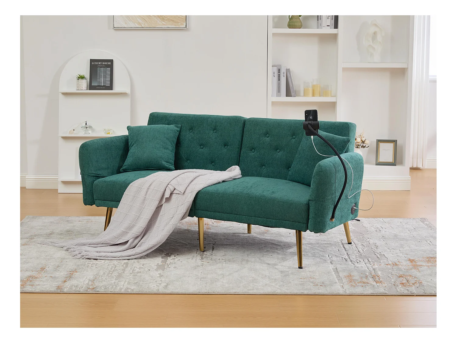Canapé convertible 2 places en chenille - Ports USB intégré - Support de téléphone intégré - Dossier réglable - Vert - Pratique pour salon, chambre ou bureau