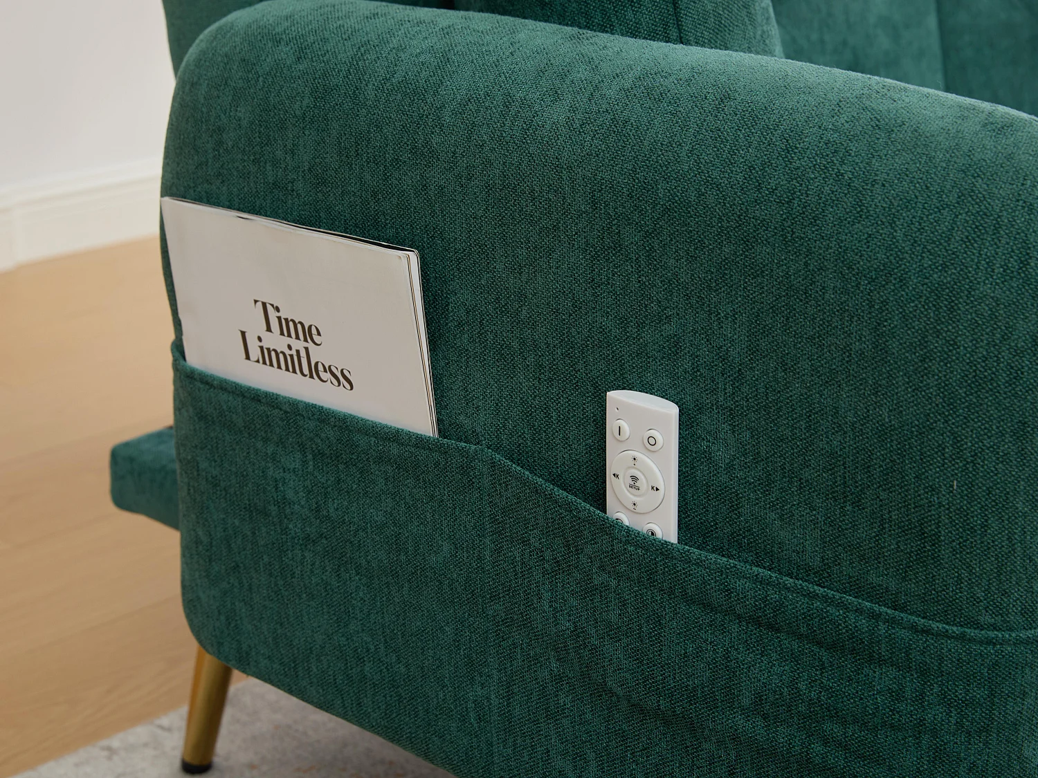 Canapé convertible 2 places en chenille - Ports USB intégré - Support de téléphone intégré - Dossier réglable - Vert - Pratique pour salon, chambre ou bureau