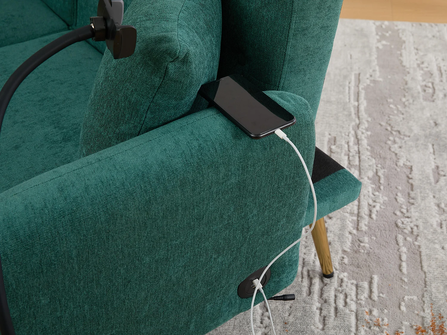 Canapé convertible 2 places en chenille - Ports USB intégré - Support de téléphone intégré - Dossier réglable - Vert - Pratique pour salon, chambre ou bureau