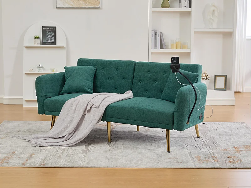 2-zits chenille slaapbank - Ingebouwde USB-poorten - Ingebouwde telefoonhouder - Verstelbare rugleuning - Voor woonkamer, slaapkamer of kantoor