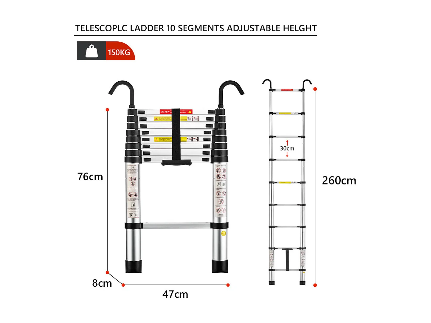Échelle télescopique pliante multifonction en aluminium de 2,6 mètres, capacité de charge maximale de 150 kilogrammes