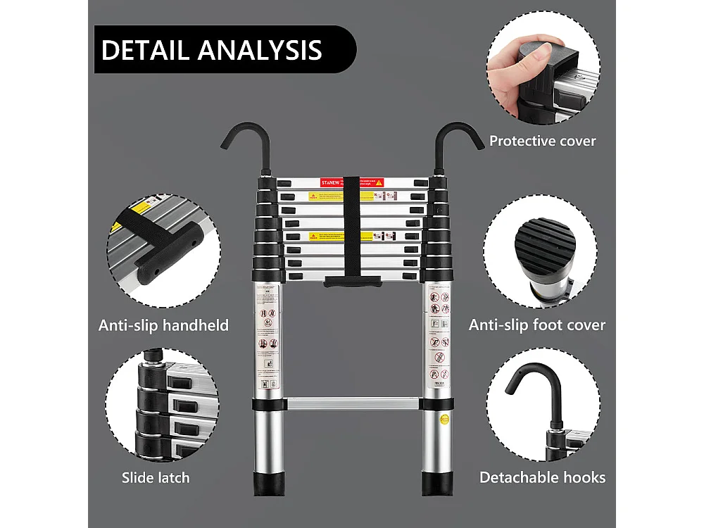 Échelle télescopique pliante multifonction en aluminium de 2,6 mètres, capacité de charge maximale de 150 kilogrammes