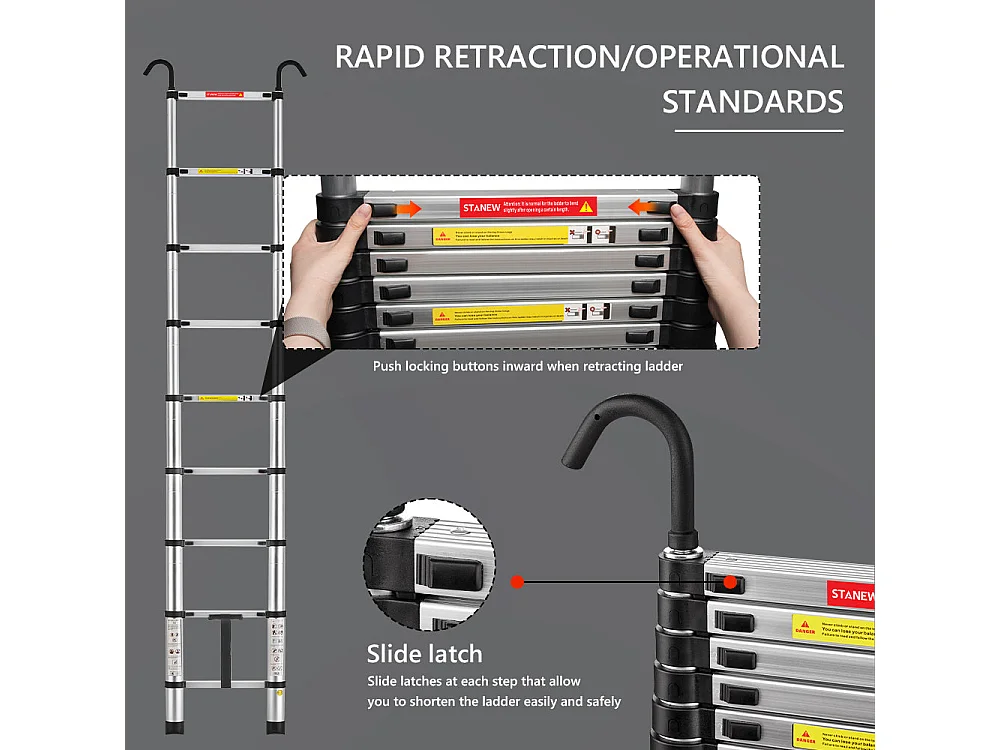 Échelle télescopique pliante multifonction en aluminium de 2,6 mètres, capacité de charge maximale de 150 kilogrammes