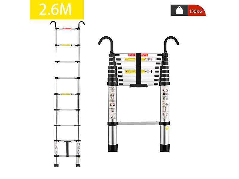 Échelle télescopique pliante multifonction en aluminium de 2,6 mètres, capacité de charge maximale de 150 kilogrammes